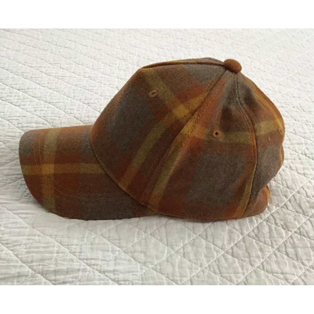 Plaid Wool Blend Baseball Cap Orange Brown Mustard Adjustable Strapback Hat - Picture 6 of 7